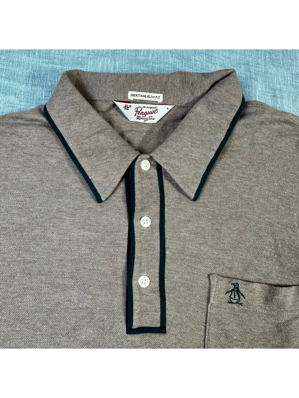 Original Penguin Heritage Slim Fit Long Sleeve Polo Tan Shirt Men Sz L Pocket